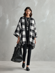 Women's Buffalo Check Poncho Cape Open Front Oversized Wrap Coat