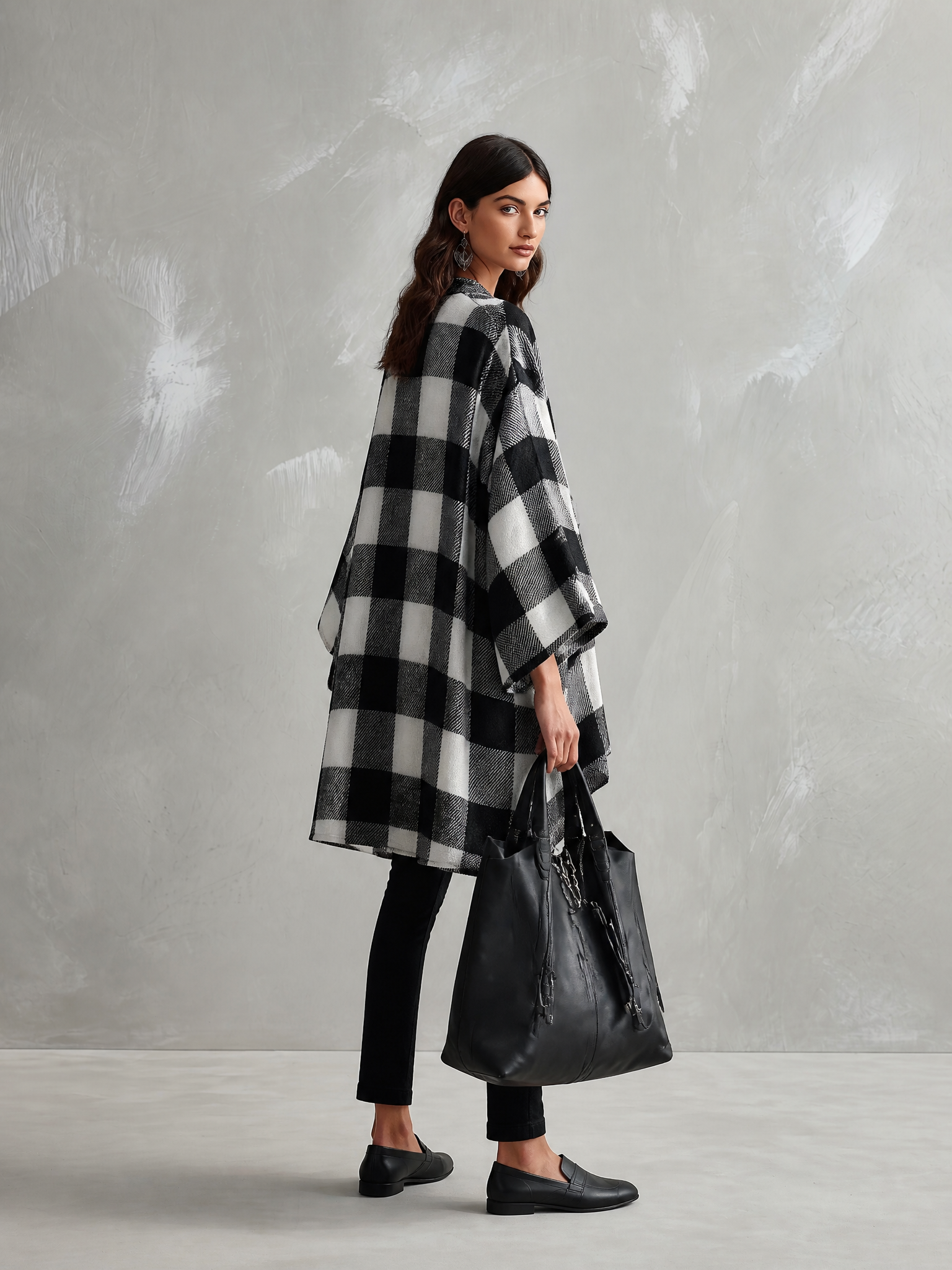Women's Buffalo Check Poncho Cape Open Front Oversized Wrap Coat