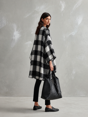 Women's Buffalo Check Poncho Cape Open Front Oversized Wrap Coat