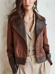 Classic Brown Leather Panel Biker Jacket