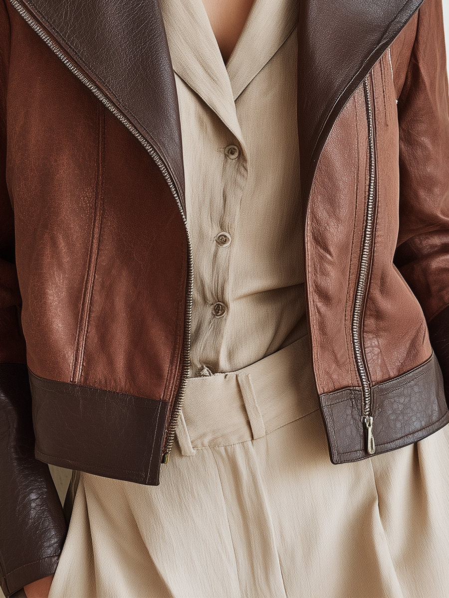 Classic Brown Leather Panel Biker Jacket