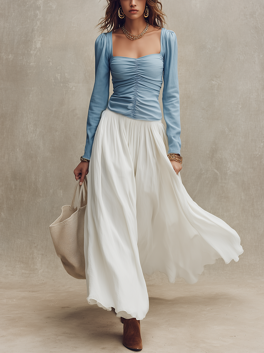Romantic Blue Ruched Top & White Flowing Maxi Skirt Set