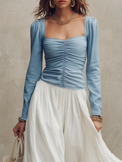 Romantic Blue Ruched Top & White Flowing Maxi Skirt Set