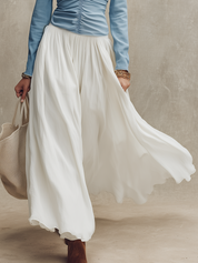 Romantic Blue Ruched Top & White Flowing Maxi Skirt Set