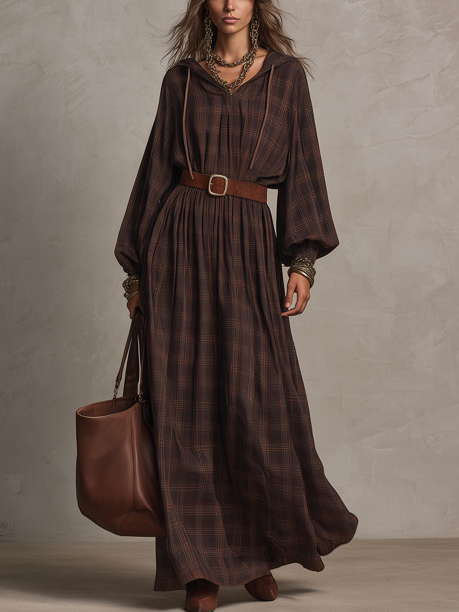 Vintage Brown Plaid Hooded Maxi Dress