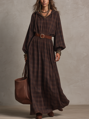 Vintage Brown Plaid Hooded Maxi Dress