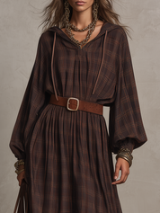 Vintage Brown Plaid Hooded Maxi Dress