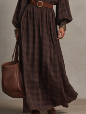 Vintage Brown Plaid Hooded Maxi Dress