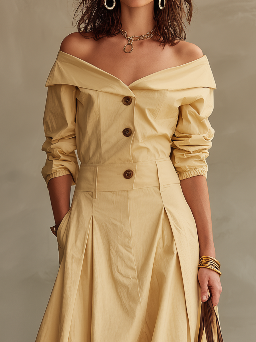 Elegant Cream Off-Shoulder Button Front Midi Dress