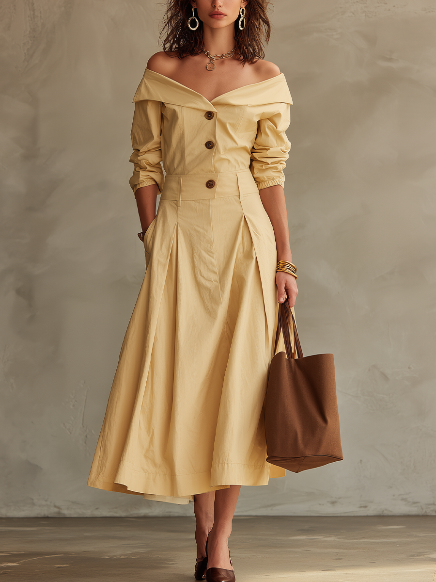 Elegant Cream Off-Shoulder Button Front Midi Dress