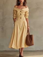 Elegant Cream Off-Shoulder Button Front Midi Dress