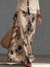 Elegant Bohemian Draped Top & Ink Print Maxi Skirt Set
