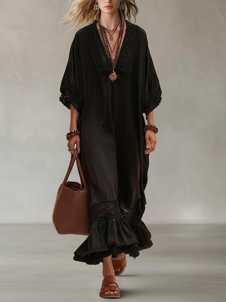 Boho Luxe V-Neck Black Lace Kaftan Maxi Dress
