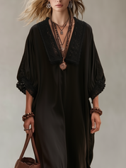 Boho Luxe V-Neck Black Lace Kaftan Maxi Dress
