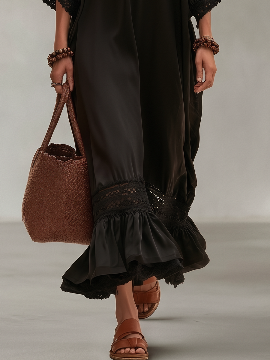 Boho Luxe V-Neck Black Lace Kaftan Maxi Dress