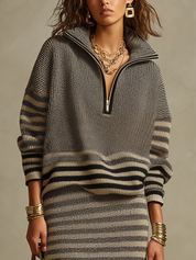 Cozy Charcoal Half-Zip Striped Knit Sweater