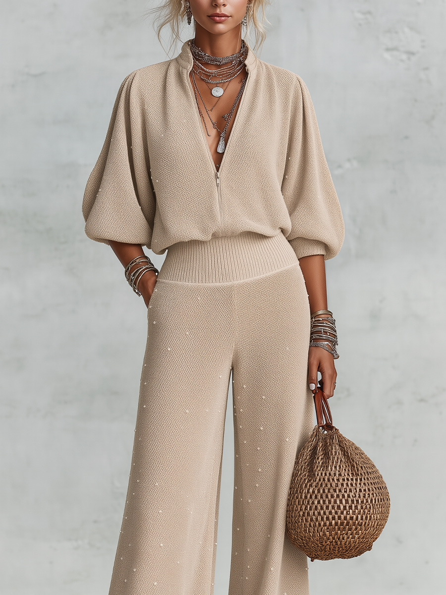 Soft Minimal Pearl Detail Knit Lounge Set