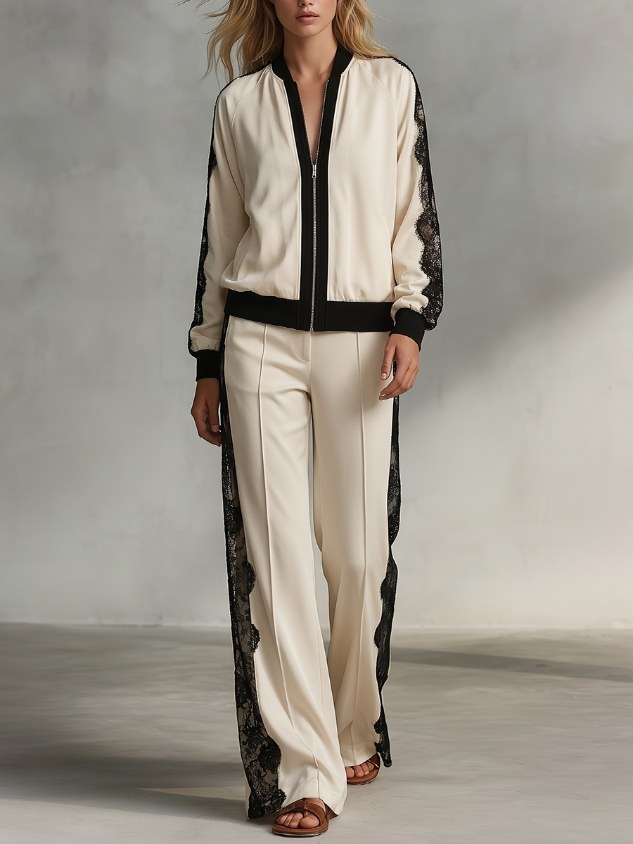 Sport Luxe Lace Panel Bomber Jacket & Wide Leg Pants Set