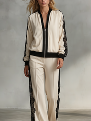 Sport Luxe Lace Panel Bomber Jacket & Wide Leg Pants Set