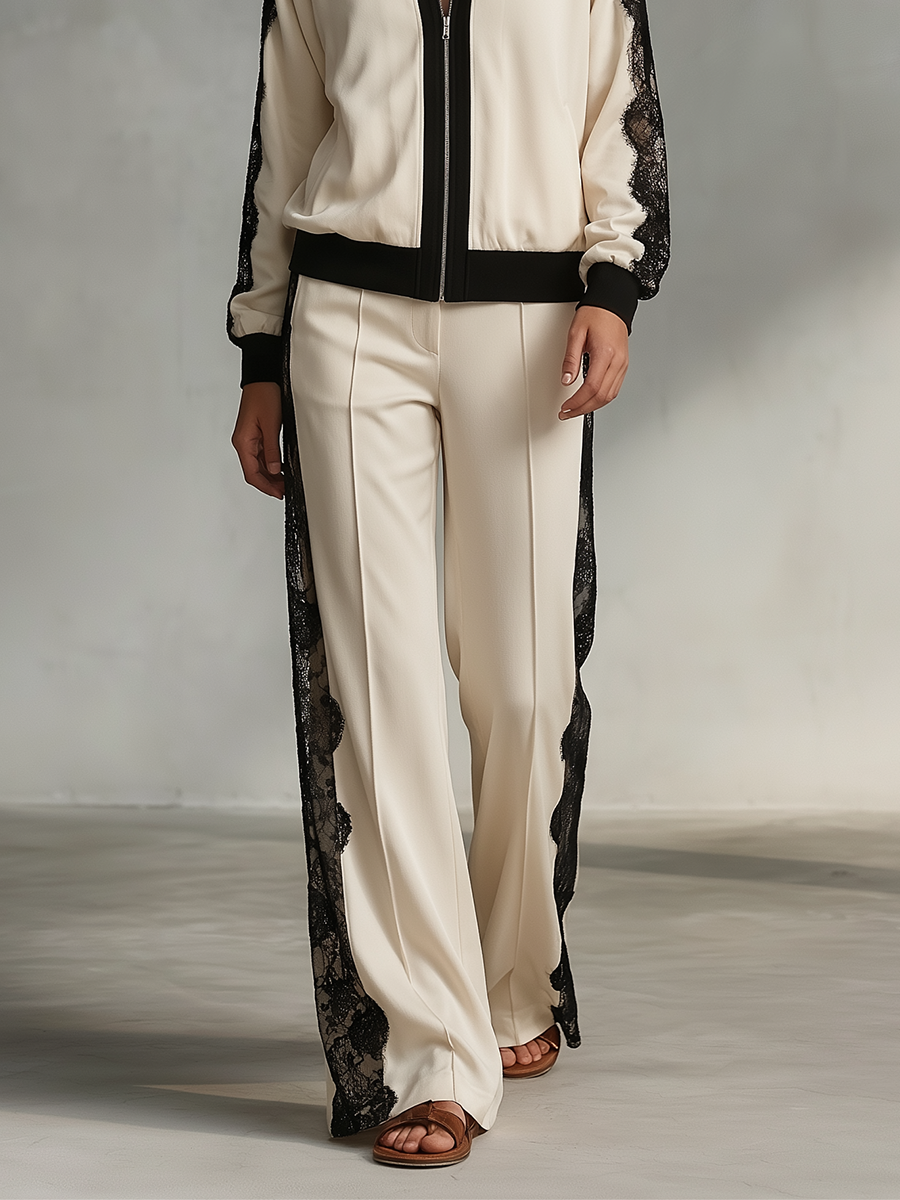Sport Luxe Lace Panel Bomber Jacket & Wide Leg Pants Set