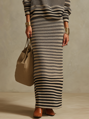 Elegant Charcoal Striped Knit Maxi Skirt