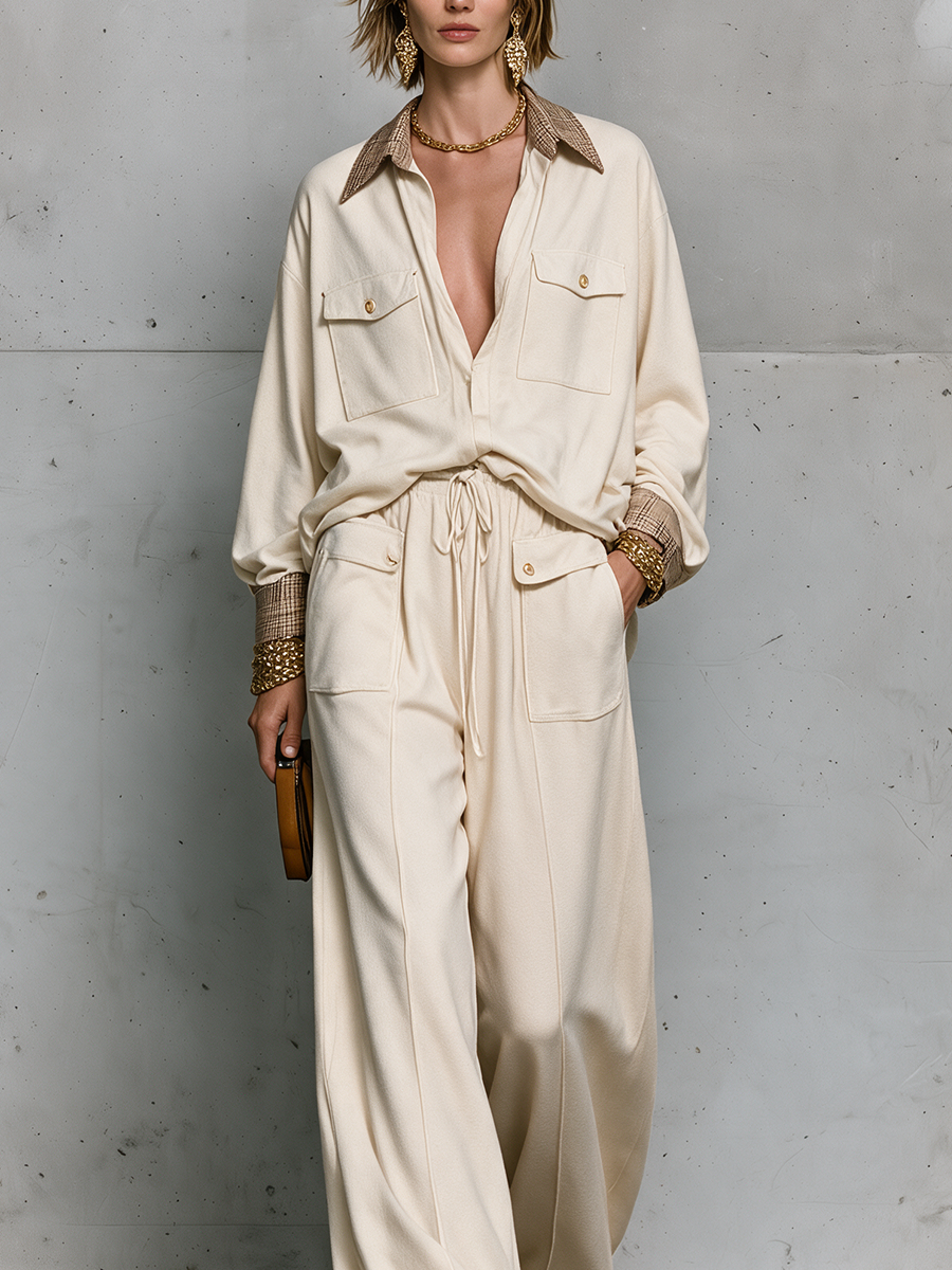 Effortless Chic Contrast Collar Shirt & Palazzo Pants Outfit Set