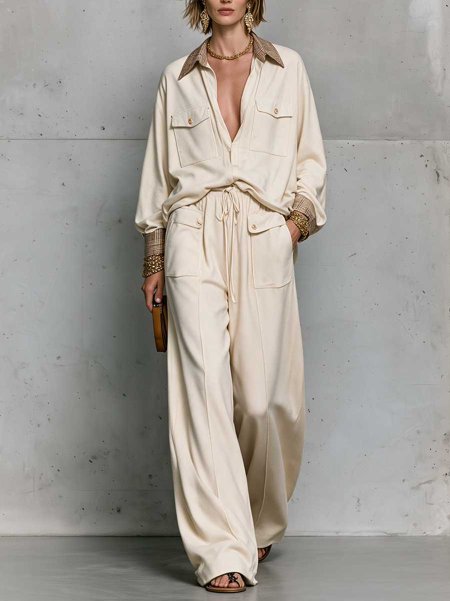 Effortless Chic Contrast Collar Shirt & Palazzo Pants Outfit Set