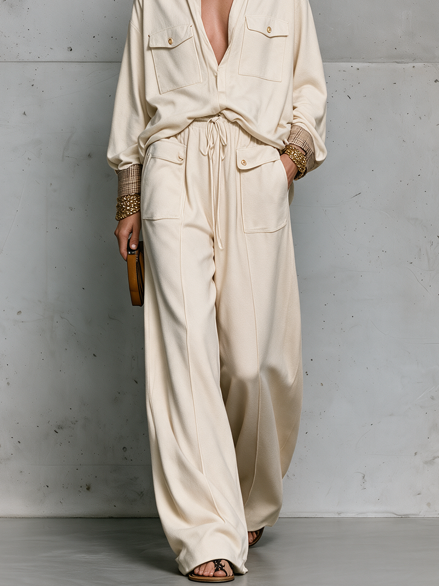 Effortless Chic Contrast Collar Shirt & Palazzo Pants Outfit Set