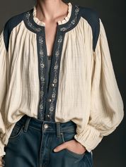 Vintage Romance Contrast Trim Cotton Peasant Top