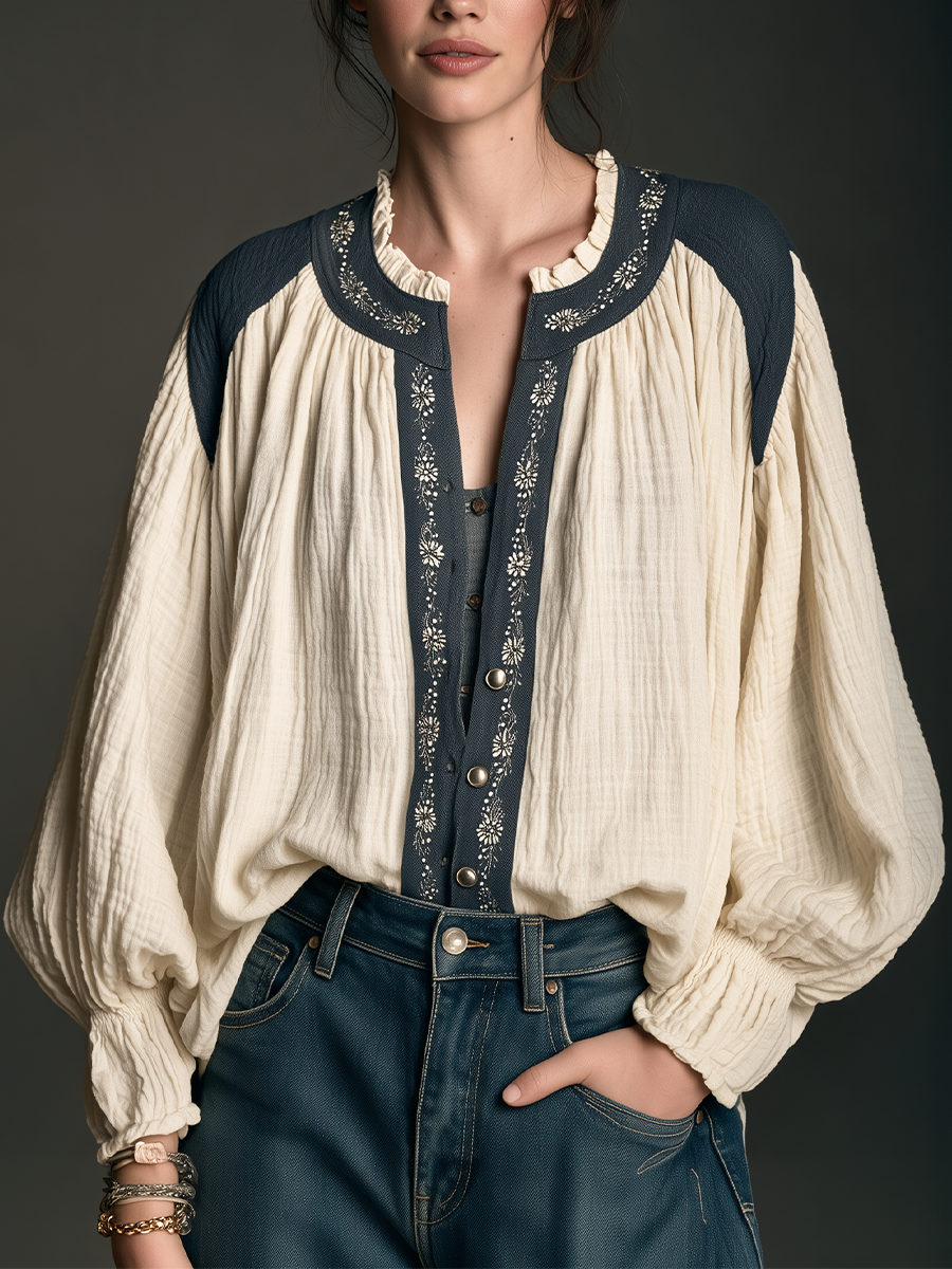 Vintage Romance Contrast Trim Cotton Peasant Top