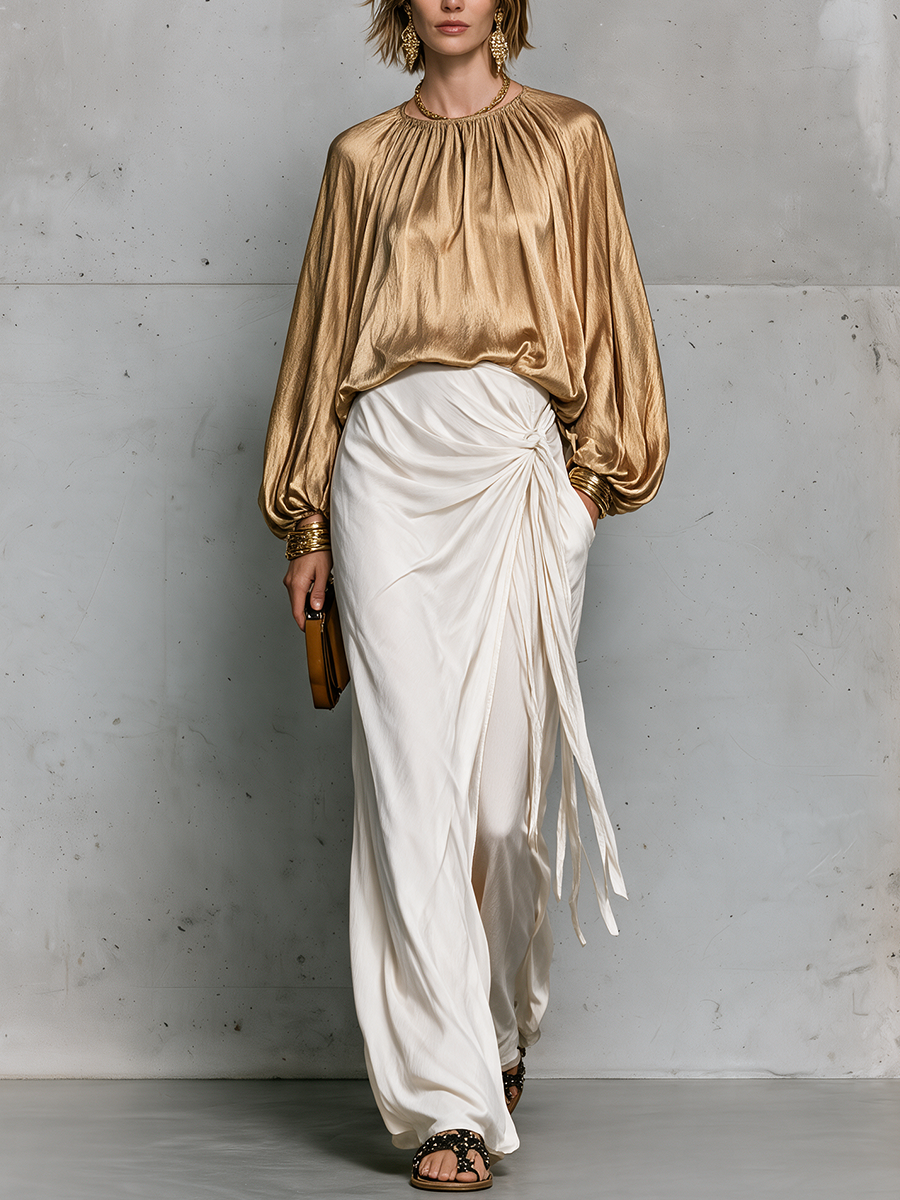 Effortless Evening Gold Draped Top & Tie-Waist Maxi Skirt Set