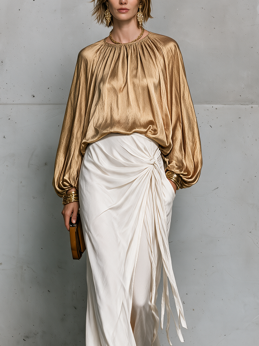 Effortless Evening Gold Draped Top & Tie-Waist Maxi Skirt Set