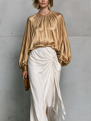 Effortless Evening Gold Draped Top & Tie-Waist Maxi Skirt Set