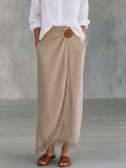 Mediterranean Minimal White Linen Top & Natural Fringe Skirt Set