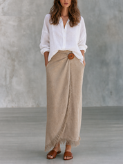 Mediterranean Minimal White Linen Top & Natural Fringe Skirt Set