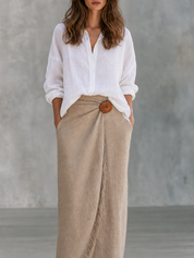 Mediterranean Minimal White Linen Top & Natural Fringe Skirt Set