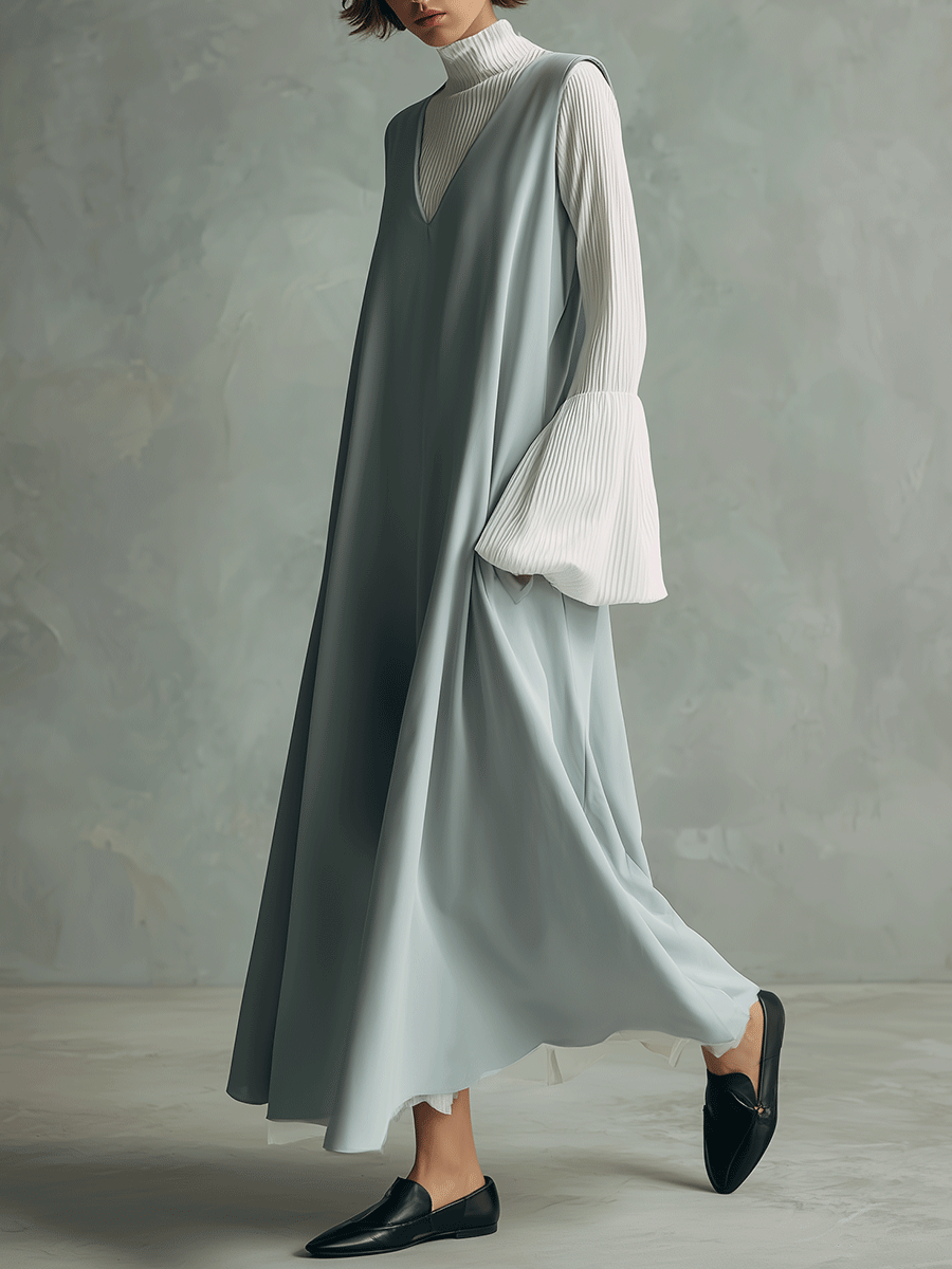 Sleeveless V-Neck Maxi Dress With Layered Turtleneck Top Set