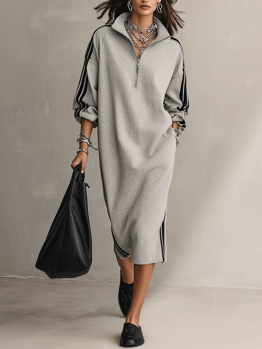 Half-Zip Contrast Stripe Oversized Sweatshirt Midi Dress