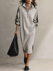 Half-Zip Contrast Stripe Oversized Sweatshirt Midi Dress