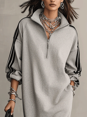 Half-Zip Contrast Stripe Oversized Sweatshirt Midi Dress