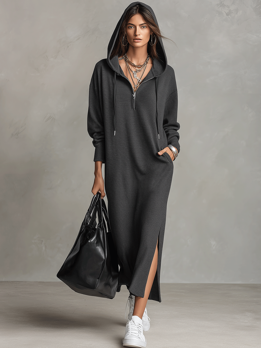 Women's Zip-Up Hooded Sweater Side Slit Maxi Dress