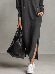 Women's Zip-Up Hooded Sweater Side Slit Maxi Dress