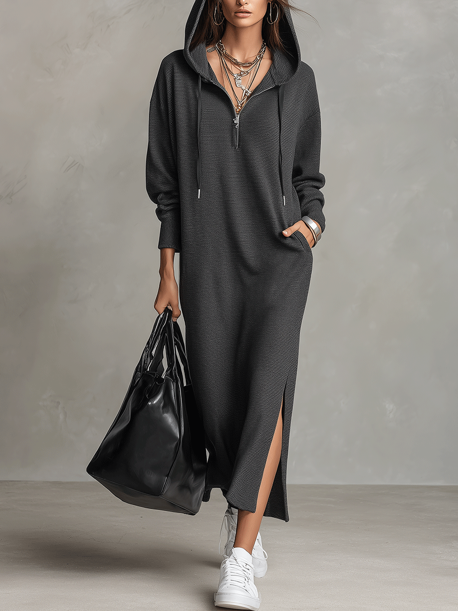 Women's Zip-Up Hooded Sweater Side Slit Maxi Dress