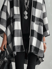 Women's Buffalo Check Poncho Cape Open Front Oversized Wrap Coat