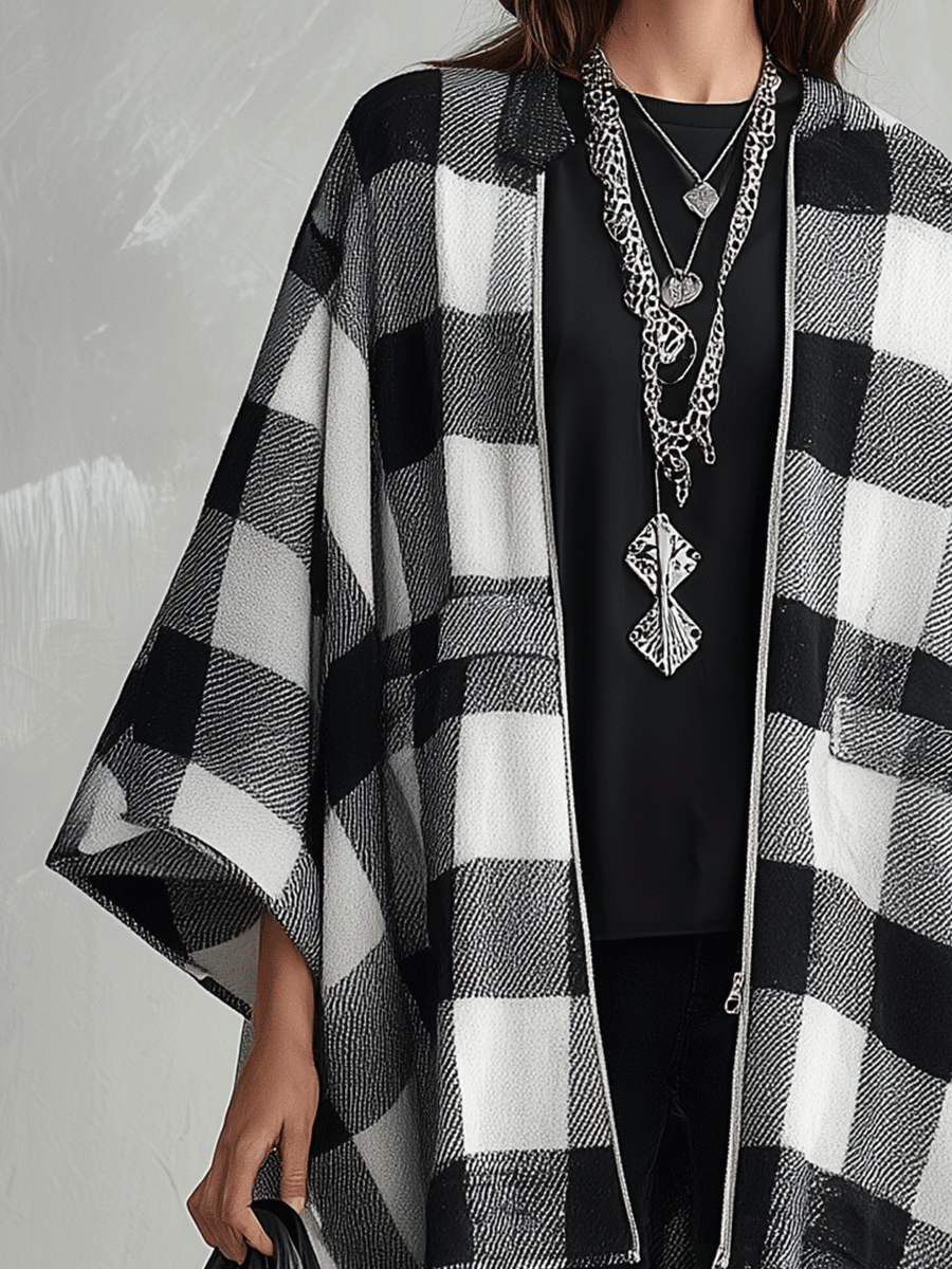 Women's Buffalo Check Poncho Cape Open Front Oversized Wrap Coat