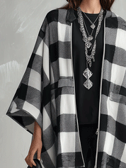 Women's Buffalo Check Poncho Cape Open Front Oversized Wrap Coat