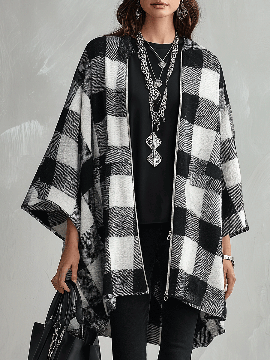 Women's Buffalo Check Poncho Cape Open Front Oversized Wrap Coat