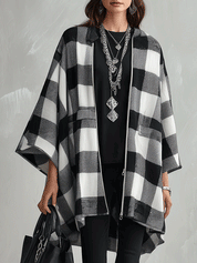 Women's Buffalo Check Poncho Cape Open Front Oversized Wrap Coat