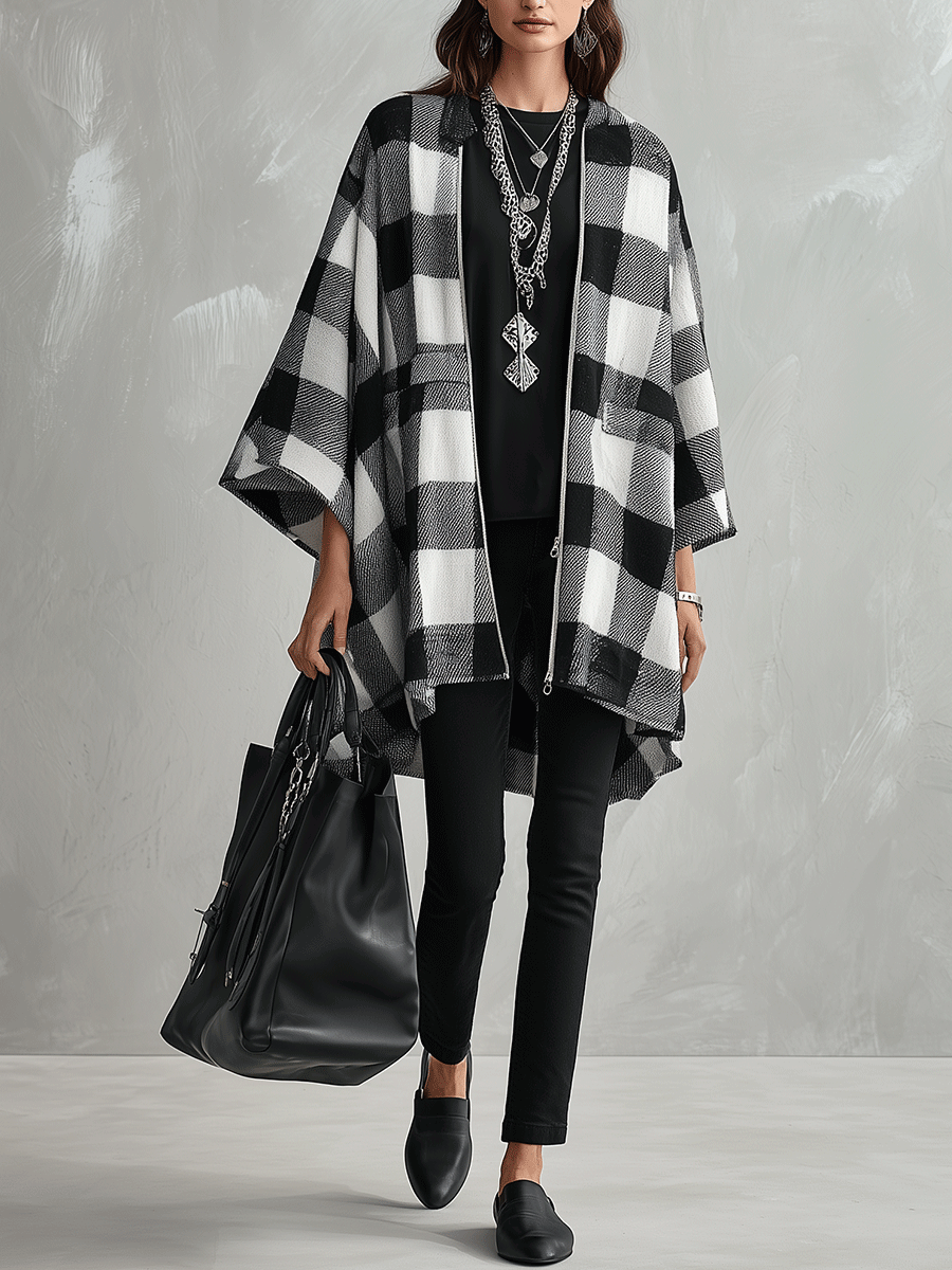 Women's Buffalo Check Poncho Cape Open Front Oversized Wrap Coat