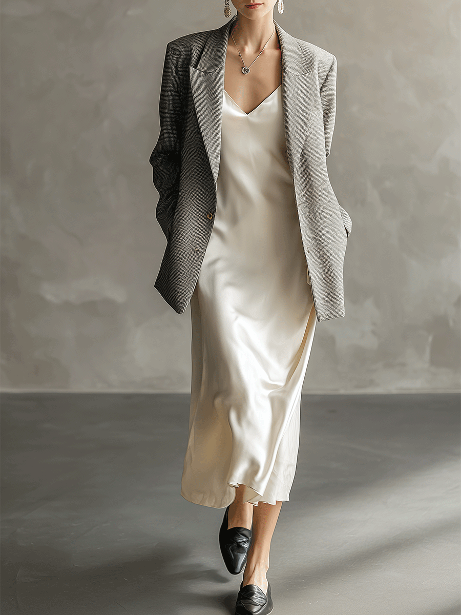 Quiet Luxury Linen Blend Oversized-Fit Grey Tailored Blazer